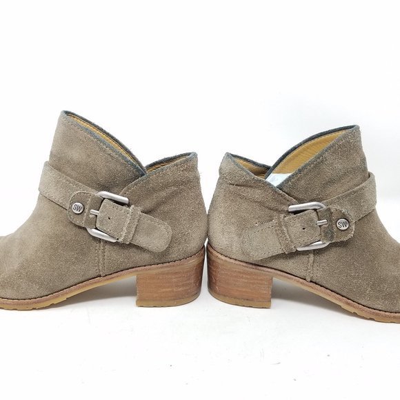Stuart Weitzman shoes green/brown suede buckle panel ankle booties 4.5M - Picture 8 of 12